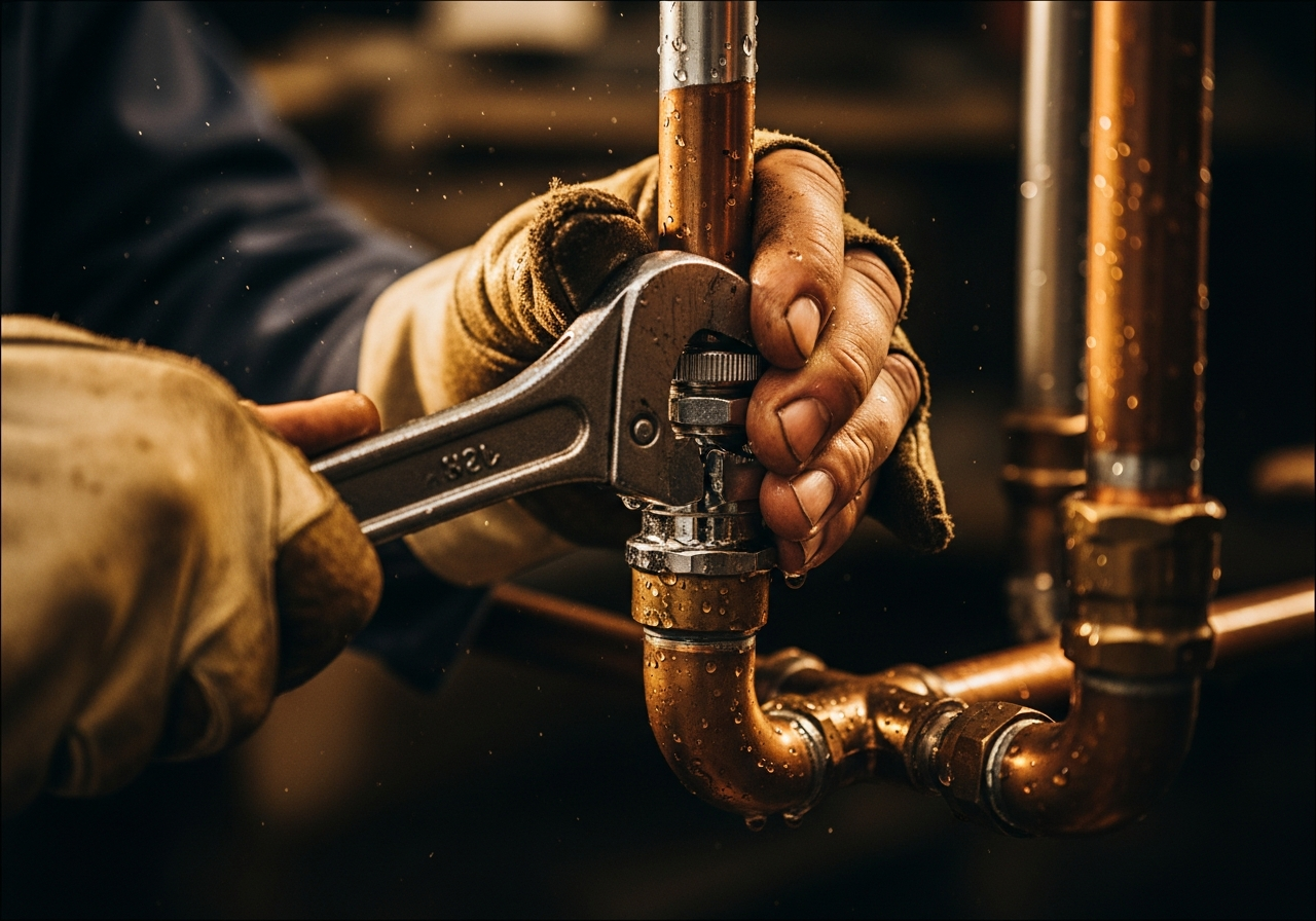 Expert plumber hands working on copper pipe fittings
