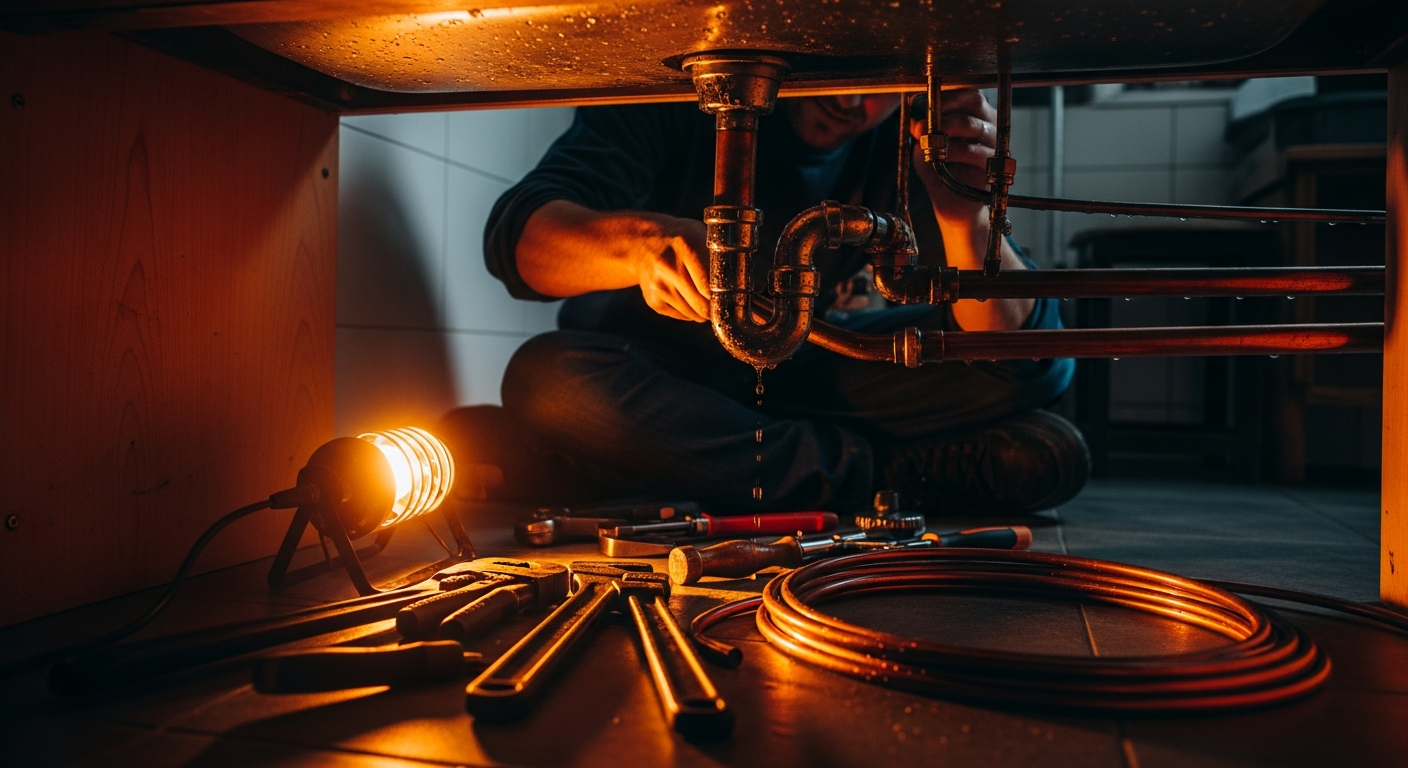Professional plumber working under warm lighting with copper pipes
